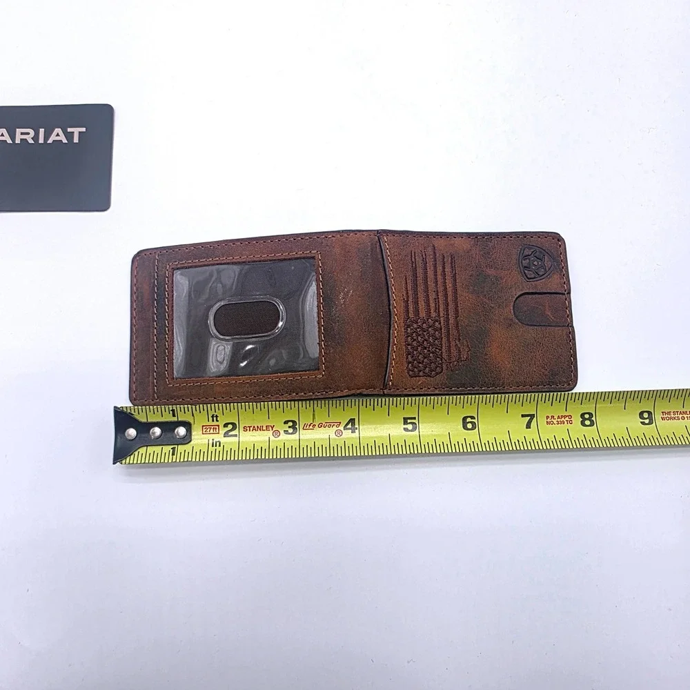 Ariat Mens Distressed Brown Leather American Flag Bifold Money Clip Wallet